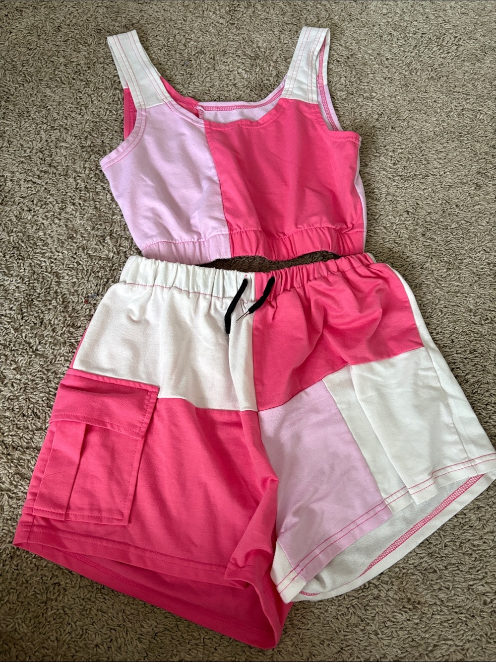 SHEIN Colorblock Pink Patchwork Crop Tank & Shorts Set